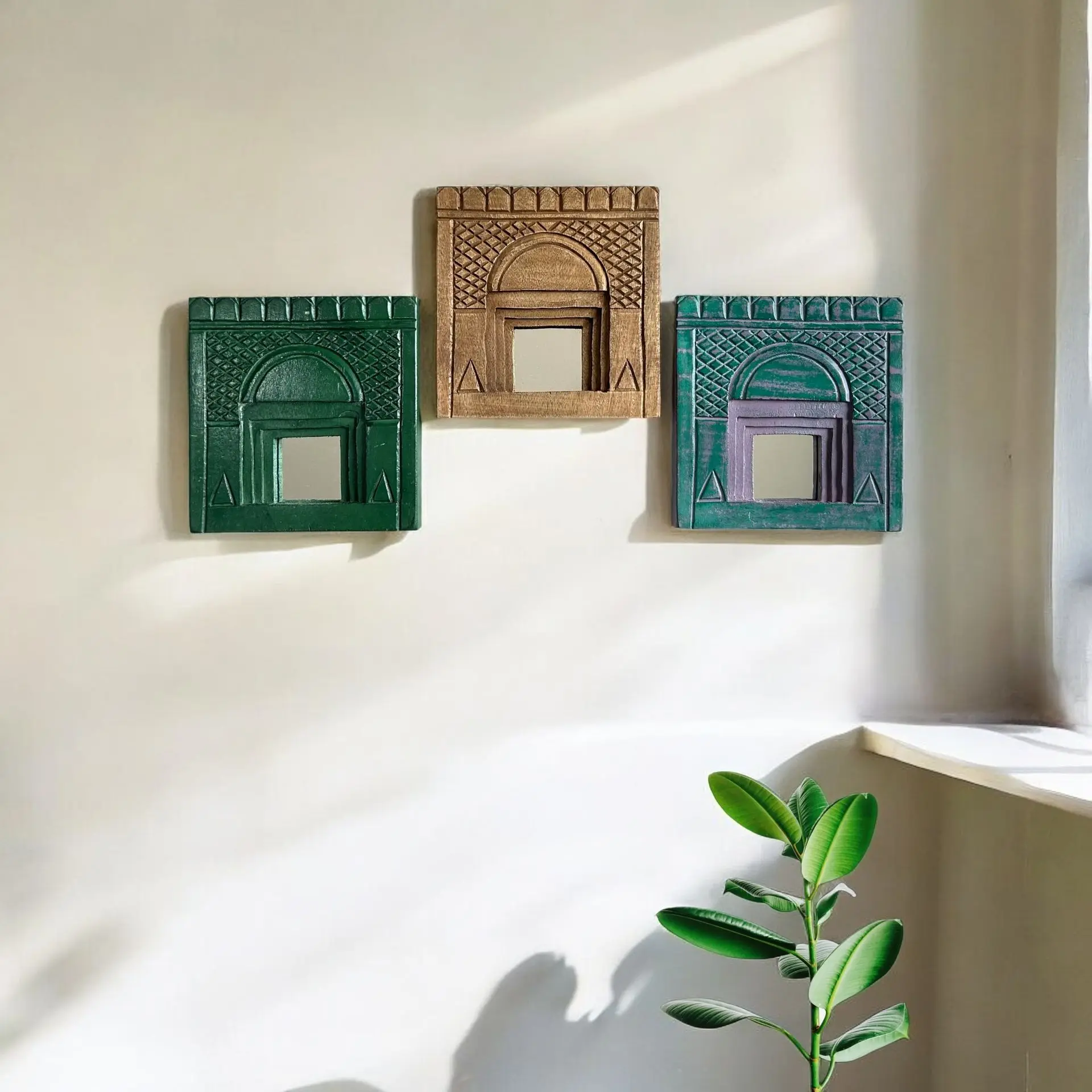 Handmade wooden temple mirror frames wall hanging for home déco