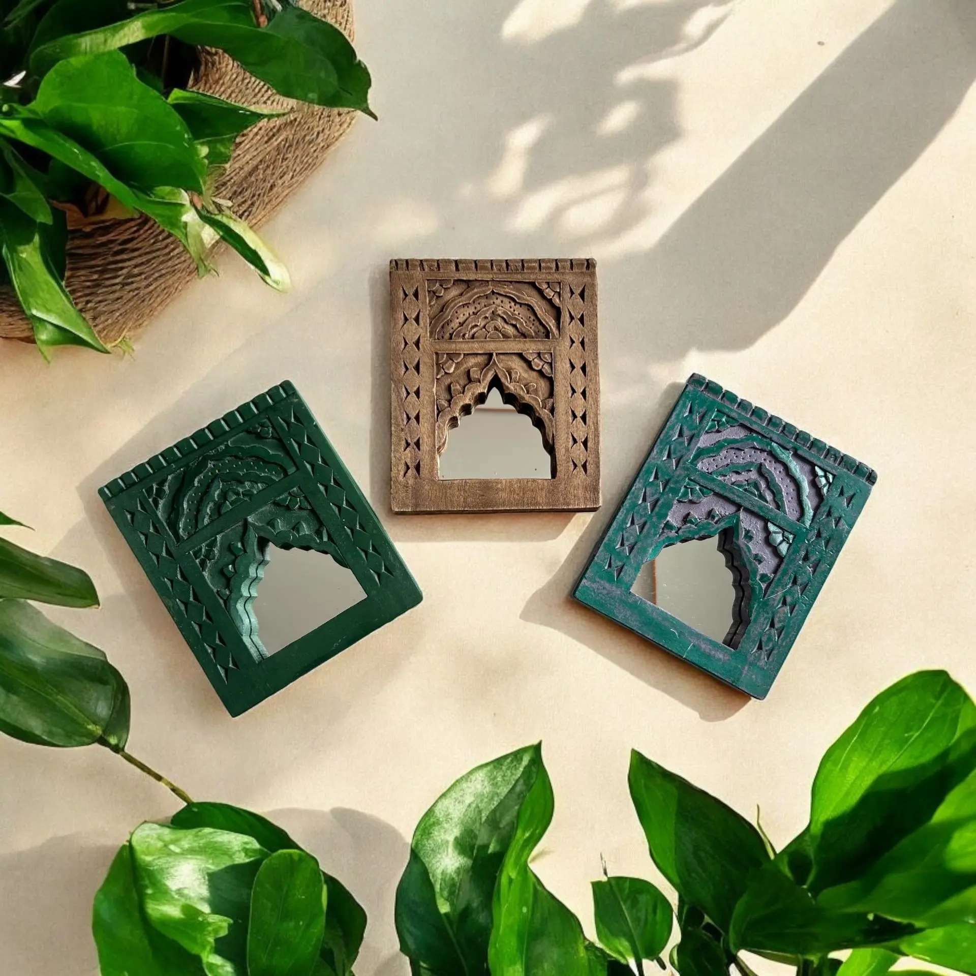 Traditional Indian handcrafted wooden mirror frame set for café and restaurant décor