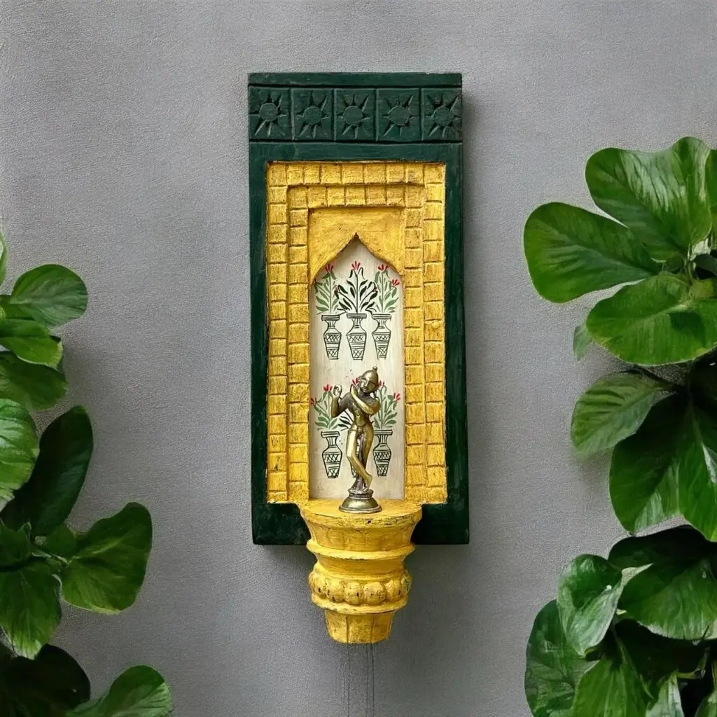 Hand-Painted Wooden Wall Decor Frame with Shelf – Yellow & Green Arch Design