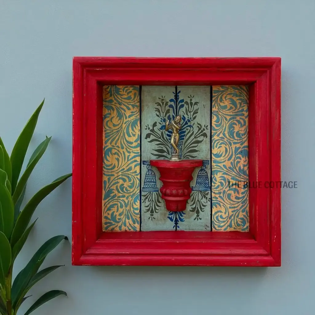 Hand-Painted Square Wooden Wall Frame with Shelf – Red Frame & Ornate Floral Backdrop 18 X 18 Inch