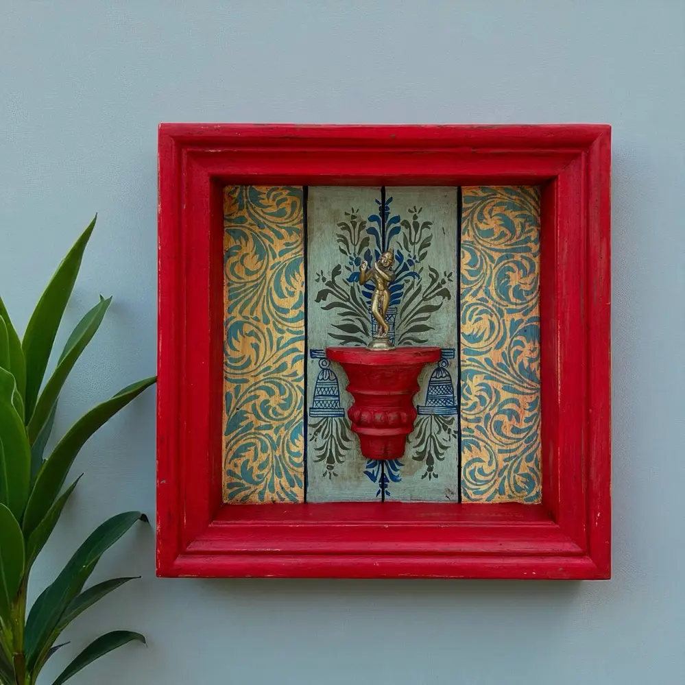Hand-Painted Square Wooden Wall Frame with Shelf – Red Frame & Ornate Floral Backdrop 18 X 18 Inch