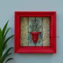 Hand-Painted Square Wooden Wall Frame with Shelf – Red Frame & Ornate Floral Backdrop 18 X 18 Inch