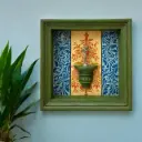 Hand-Painted Square Wooden Wall Frame with Shelf – Green Frame & Ornate Floral Backdrop 18 X 18 Inch