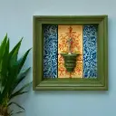 Hand-Painted Square Wooden Wall Frame with Shelf – Green Frame & Ornate Floral Backdrop 18 X 18 Inch