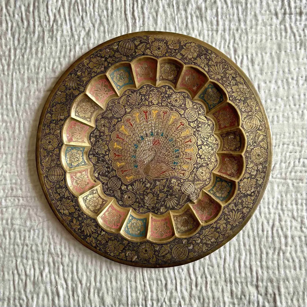 Handcrafted Brass Wall Plate with Peacock Design – Vintage Floral Engraving