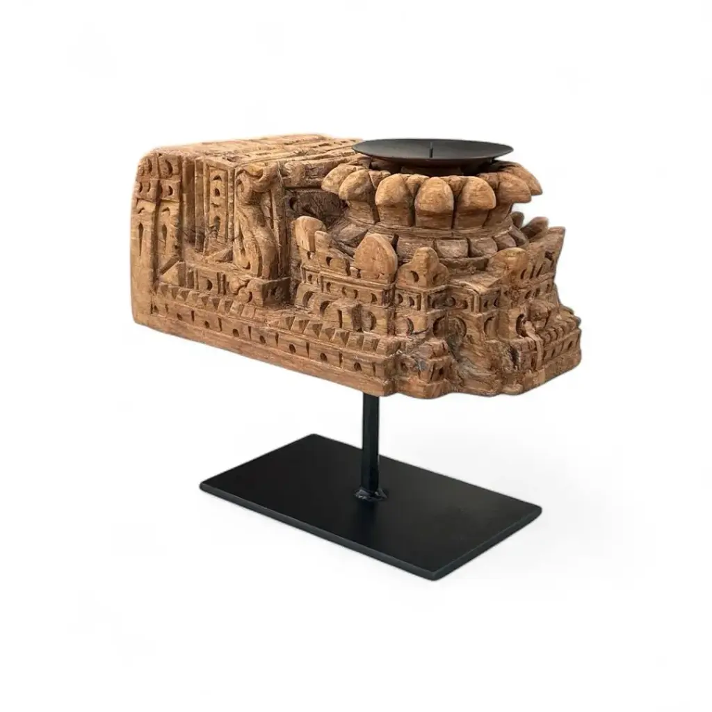 Handcrafted Wooden Candle Holder | Antique Style | Natural Wood Finish
