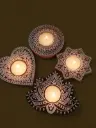 Wooden Carved Block Design T-Light Candle Holder Set Of 4