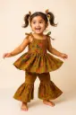 Girls’ Traditional Floral Peplum Top & Flared Pants Set – Olive Green Handblock Print