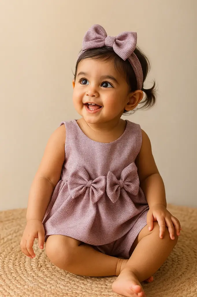 Gulabo Bow Co-ord Set – 3-Piece Baby Girl Outfit (Top, Shorts & Hairband)