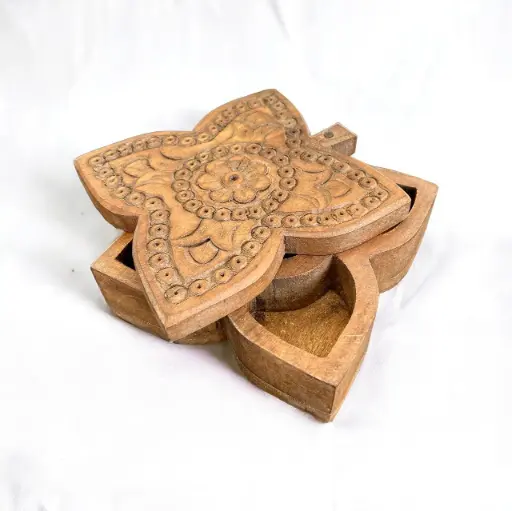Solid Mango Wood Carved Spice Box 