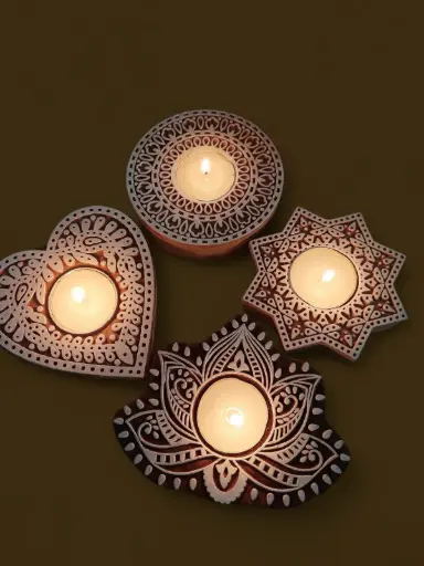Wooden Carved Block Design T-Light Candle Holder Set Of 4