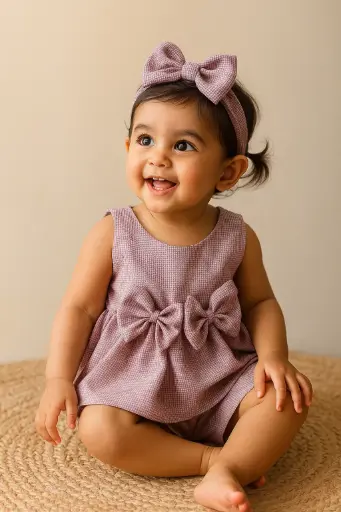 Gulabo Bow Co-ord Set – 3-Piece Baby Girl Outfit (Top, Shorts & Hairband)