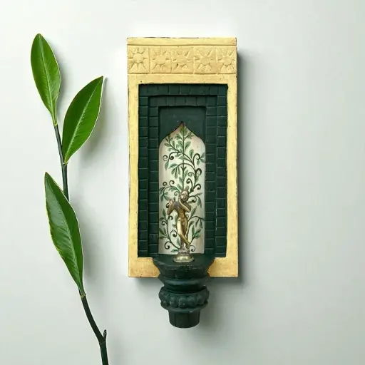 Hand-Painted Wooden Wall Decor Frame with Shelf – Green & White Arch Design