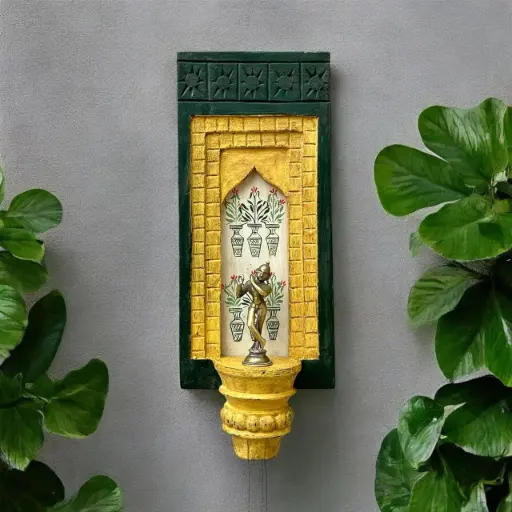 Hand-Painted Wooden Wall Decor Frame with Shelf – Yellow & Green Arch Design