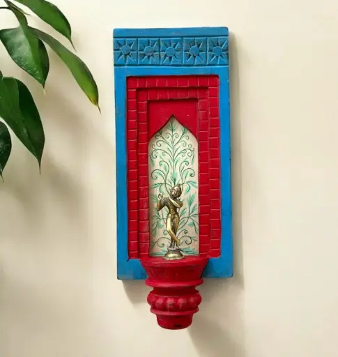 Hand-Painted Wooden Wall Decor Frame with Shelf – Blue& Red Arch Design