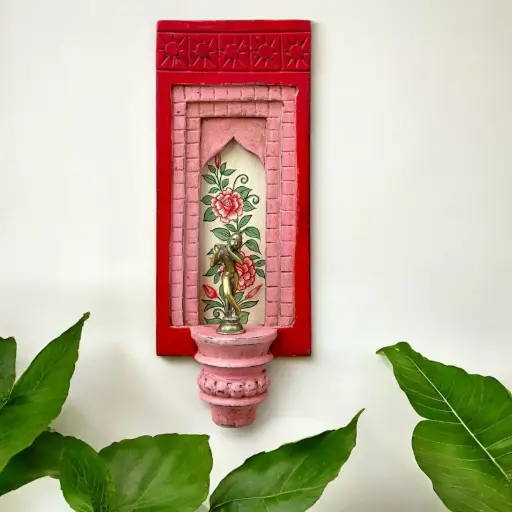 Hand-Painted Wooden Wall Decor Frame with Shelf – Pink & Red Arch Design