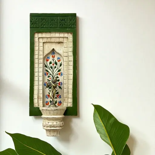 Hand-Painted Wooden Wall Decor Frame with Shelf – Green & White Arch Design