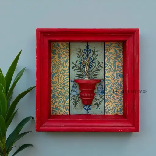 Hand-Painted Square Wooden Wall Frame with Shelf – Red Frame & Ornate Floral Backdrop 18 X 18 Inch