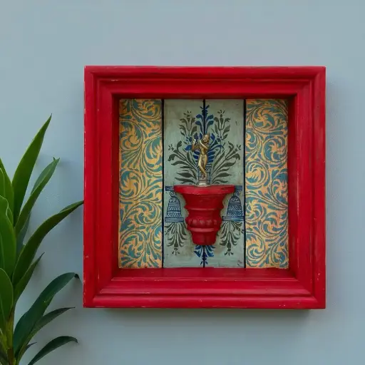 Hand-Painted Square Wooden Wall Frame with Shelf – Red Frame & Ornate Floral Backdrop 18 X 18 Inch