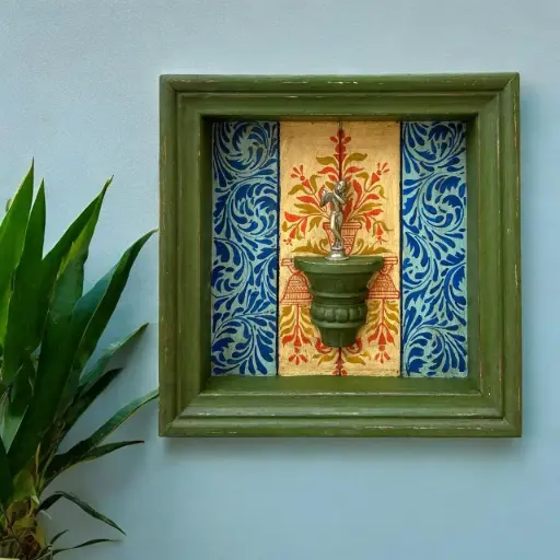 Hand-Painted Square Wooden Wall Frame with Shelf – Green Frame & Ornate Floral Backdrop 18 X 18 Inch