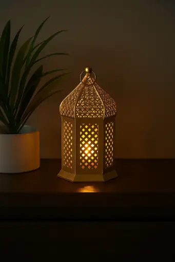 Decorative Iron T-Light Candle Holder Lantern – Golden Finish, 16 cm Height – Moroccan Style for Home Décor, Diwali, and Festive Lighting