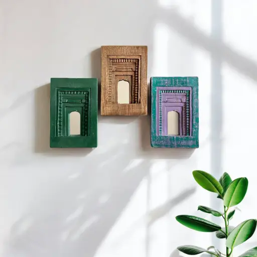 Handcrafted Temple Mirror | Wooden Arch Mirror | 3 Color Variants 